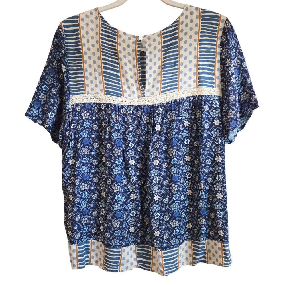 Blue Tassel Womens L Boho Mixed Print Floral Polka Dot Lace Trim Blouse Blue - Picture 8 of 9